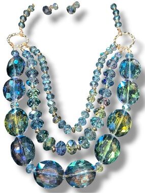 Ella & Elly Blue Multi-Strand Crystal Necklace & Stud Earrings Set Mermaid NWT